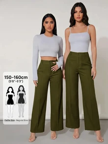 SHEIN PETITE 高腰寬腿夏季長褲 100%純棉 - 軍綠色 - 查看 4