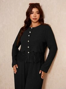 Elaquor Plus Size Autumn Casual Solid Color Lace Patchwork Top And Pants 2 Pieces Set Winter - Black - View 4