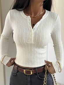 DAZY 女款紋理布料修身底層性感休閒套頭T恤 秋季 - 白色 - 查看 7
