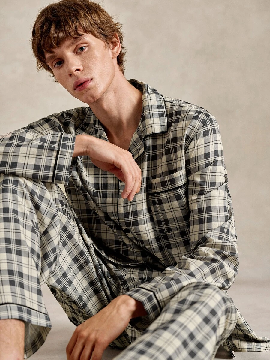 EverLounge Classic Plaid Print Lapel Open Front Men's 2 Pieces Pajama Set - Multicolor - View 1