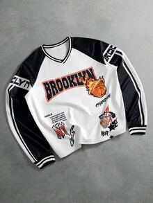 ROMWE MEN Streetwear Basketball Graffiti Print Men's Loose Fit Colorblock Sporty Casual Pullover V-Neck Sweatshirt - Multicolor - View 1