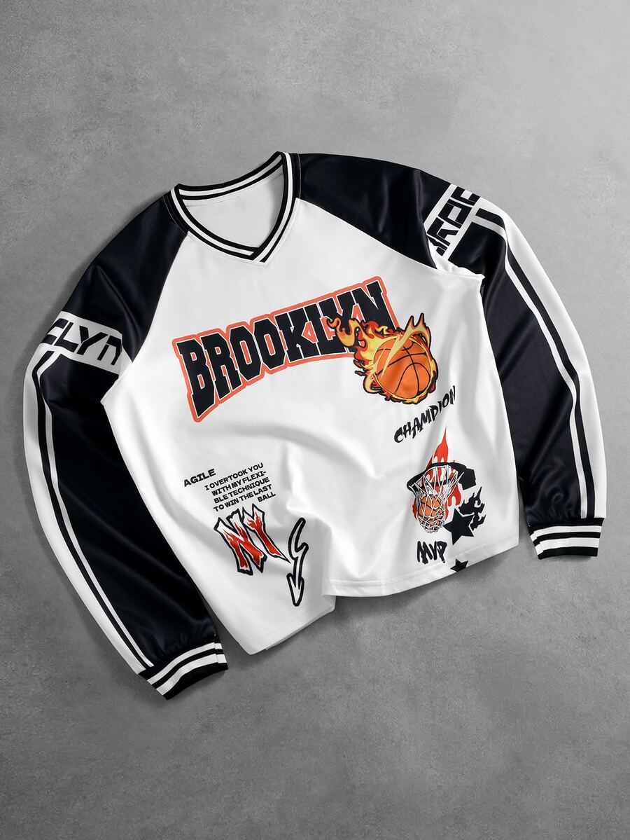 ROMWE MEN Streetwear Basketball Graffiti Print Men's Loose Fit Colorblock Sporty Casual Pullover V-Neck Sweatshirt - Multicolor - View 1
