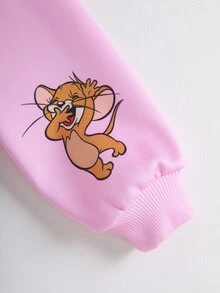 TOM & JERRY X SHEIN بلوزة رياضية بياقة دائرية مطبوعة برسومات كرتونية للفتيات الصغيرات - وردي - مشاهدة 4