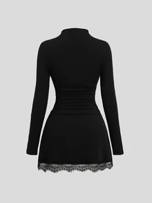 Sweetra Women's Elegant Fashion Versatile Commute & Comfortable Double-Brushed Milk Silk Spliced Lace Design Mini Dress - Black - View 2