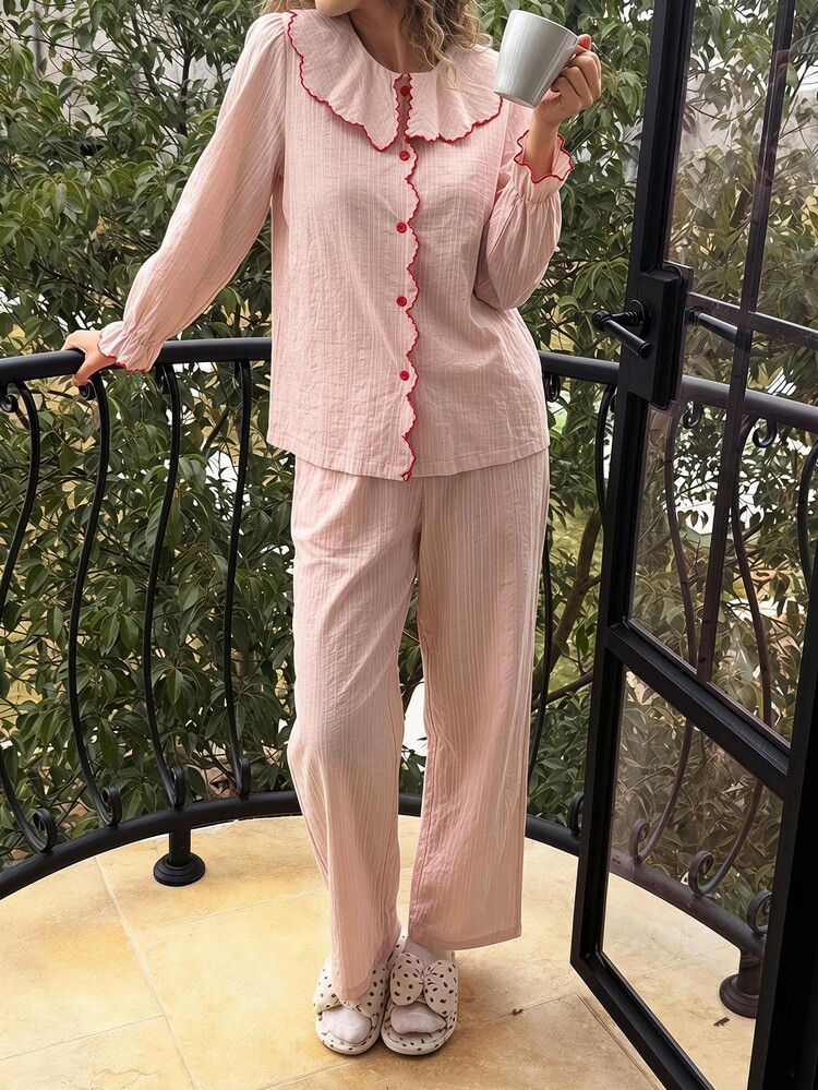 Livesso 女款彼得領單排扣上衣與長褲睡衣套裝 秋季 - 粉色 - 查看 8
