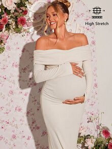 Loomaby Elegant Solid Color Off-Shoulder Maternity Dress Fall - Apricot - View 1