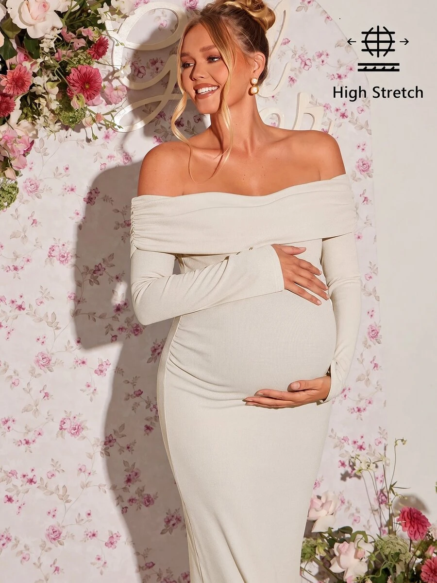 Loomaby Elegant Solid Color Off-Shoulder Maternity Dress Fall - Apricot - View 1