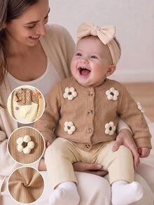 SHEIN 新生兒休閒秋冬時尚針織3D花朵夾克與極簡純色長褲套裝 - 卡其色 - 查看 9