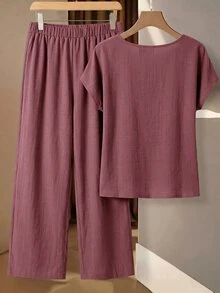SHEIN Clasi 女款夏季度假百褶上衣與寬腿褲套裝 - 粉色 - 查看 2