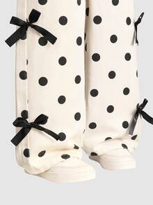 SHEIN Girls Cream White Polka Dot Black Bow Decor Wide Leg Pants, Loose Straight Leg, 100% Cotton Denim Jeans, Flattering Snug Fit Fit, Casual Versatile For Daily School, Outings, Vacation, Korean Style, Blogger Inspired Ins Style - Multicolor - View 5