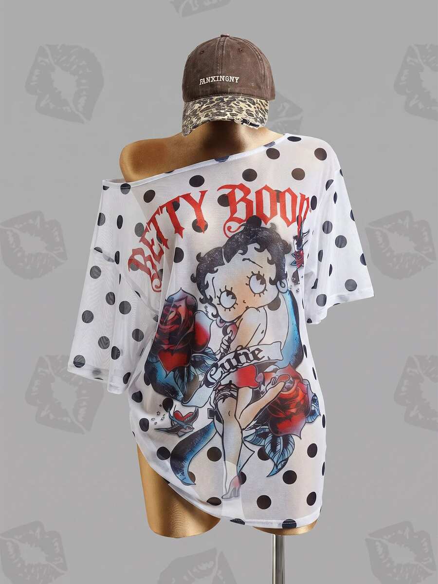 Betty Boop x SHEIN 女款波點印花不對稱單肩寬鬆上衣 - 黑與白 - 查看 1