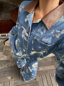 DAZY Women's Floral Print All-Over Loose Denim Jacket And Straight Leg Pants Vacation Style Denim Set Fall - Medium Wash - View 1