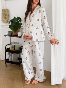 Moonlight&Mama Contrast Color Trim Ruffle Cuff & Hem Plush Striped Maternity Pajama Set - White - View 4