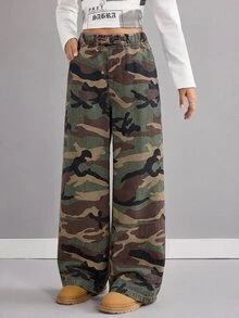 SHEIN 青少年女孩迷彩牛仔寬鬆長褲 - 軍綠色 - 查看 5