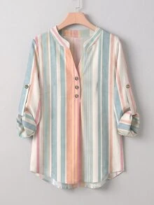 EMERY ROSE Colorful Striped Shirt And Long Pants 2 Pieces Set, Plus Size, Suitable For Early Autumn Outings - Multicolor - View 3