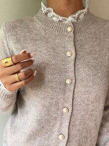 SHEIN Women's Basic Fashion Minimalist Lace Trim Elegant Pearl Button Cardigan - Khaki - View 8