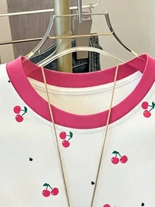 Spring And Summer Tween Girl Casual Cute Cherry Pattern, Red And White Contrast Graphic Print, Basic Short T-Shirt, Comfortable And Cozy Styles For Spring And Summer - Multicolor - View 3