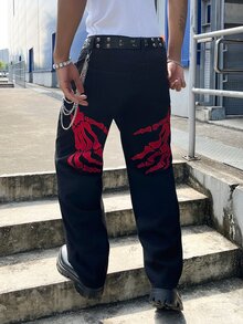 Manfinity EMRG Men Y2K Black Denim Pants Skeleton Palm Embroidery Design Loose Fit Bootcut Jeans Hip Hop Goth Casu - Black - View 3