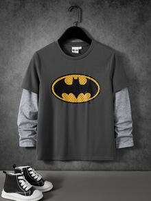 BATMAN X SHEIN Tween Boy Cartoon Graphic Print Patchwork Long Sleeve Casual T-Shirt - Multicolor - View 3