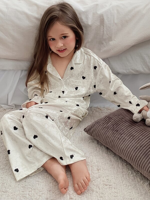 DAZY Girls (Small) Lapel Heart Velvet Long Sleeve Loose Top + Straight Leg Casual Pants 2 Pieces Loungewear Set