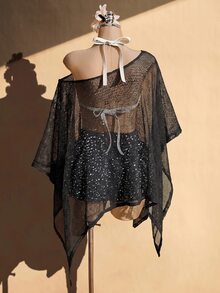 SHEIN ICON 女款大尺碼春夏網紗鏤空杏色上衣 - 黑色 - 查看 2
