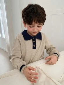 DAZY Boys' (Small) Contrast Color Polo Collar Long Sleeve Sweater Top, Autumn/Winter Layering - Apricot - View 7