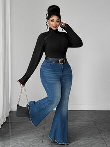 Maweii Plus Size Minimalist Sexy Style Semi-High Neck Lace Patchwork Long Sleeve T-Shirt, Ruched Puff Shoulder, Elastic Ribbed Slim Fit Base Layer Top - Black - View 2