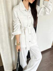Dazy Tall Women's Waist-Cinched Loose Blouse And Loose Straight-Leg Pants Casual 2 Pieces Denim Set - White - View 4