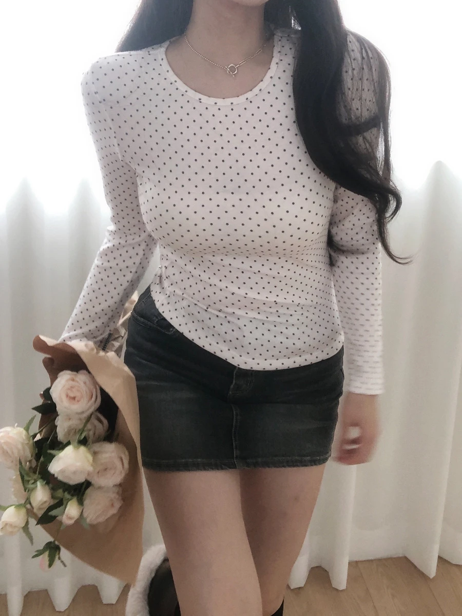 DAZY 女款韓式波點優雅女孩長袖蝴蝶結襯衫 秋季 - 白色 - 查看 1