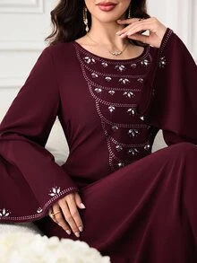 Yasmyna 女款優雅水鑽裝飾喇叭袖洋裝 - 酒紅色 - 查看 7