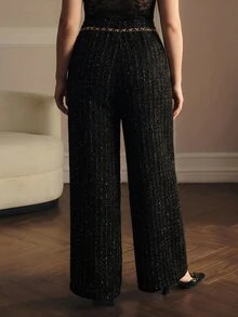 MOTF PREMIUM PLUS SIZE AUTUMN/WINTER CHAIN DECOR TWEED WIDE LEG PANTS - Black - View 5