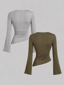SHEIN MOD 女款 2 件組 酒紅與杏色圓領抓皺腰部喇叭袖不對稱下擺百搭長袖 T 恤內搭層 - 軍綠色 - 查看 2