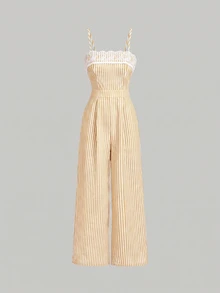 SHEIN MOD 女款條紋蕾絲拼接休閒日常細肩帶連身褲 - 黃色 - 查看 7