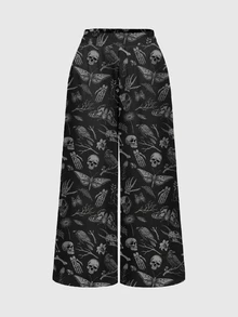 ROMWE Dark Gothic Mysterious Moth Skull Moon Sun Star Mori Style Women's Wide Leg Pants - Black - View 1