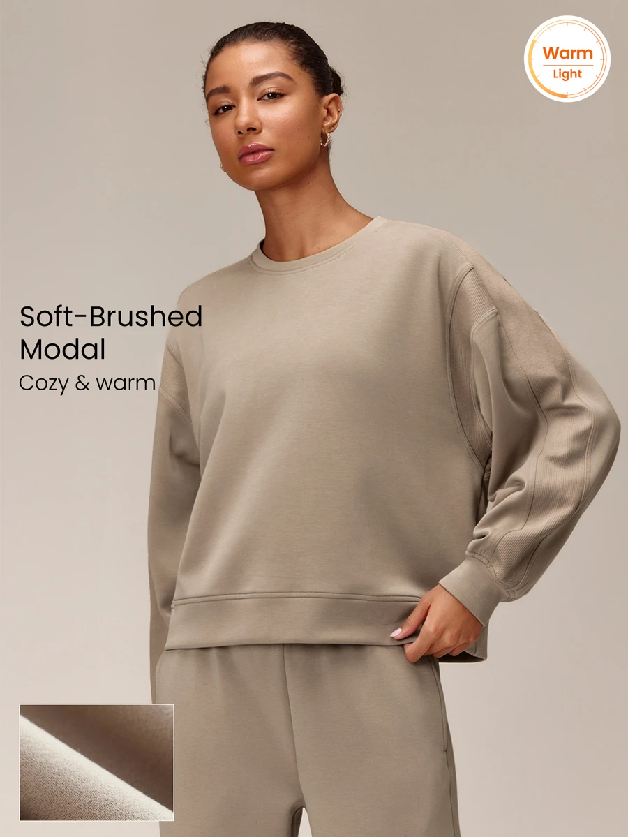 GLOWMODE Soft-Brushed Modal Just Relax Raglan Sweatshirt With Ribbed Side Panels & Side Split Hem Daily Casual Travel Vacation Wear - Khaki - View 1