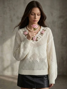 Livesso Women's Hollow Knit 3D Floral Decor Sweater Autumn Brunch Floral Off-White Fairycore Cottagecore Romantic Cottagecore Whimsical - Beige - View 4