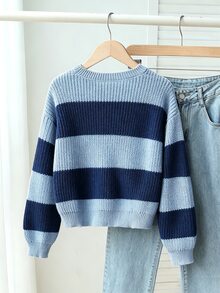 SHEIN 少女圓領卡其色與咖啡色條紋針織套頭毛衣，設計感軟針織簡單內搭層，適合秋冬，休閒長袖上衣，適用於外出、派對、拍照與玩樂 - 彩色 - 查看 2