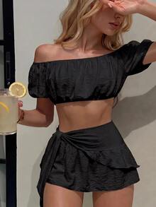 Sunnyshic 夏季海灘休閒度假女款露肩短上衣與裙子套裝 - 黑色 - 查看 4