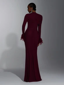 Elitara New Elegant Angora Red Mesh Long Sleeve Fluffy Ruched Fitted Bodycon Maxi Dress For Women, Wedding, Formal Occasions, Bridesmaid Dress - Burgundy - View 2