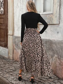Brillora Women's Round Neck Long Sleeve Patchwork Leopard Print Ruffle Hem Elegant Dress, Winter Dress, Going Out,Black And Leopard Print Patchwork,Fall/Winter - Multicolor - View 7
