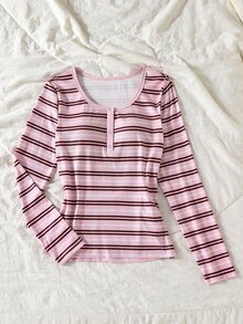 SHEIN 青少年女孩灰色與黑色條紋領口鈕扣裝飾蕾絲飾邊設計長袖休閒百搭T恤，適合春季與秋季，日常穿著、通勤、旅行、聚會 - 彩色 - 查看 3