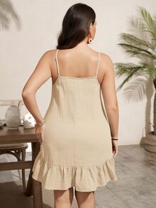 SHEIN LUNE 大尺碼女款純色串珠肩帶洋裝 度假海灘蜜桃色夏季波希米亞休閒風 - 杏色 - 查看 3