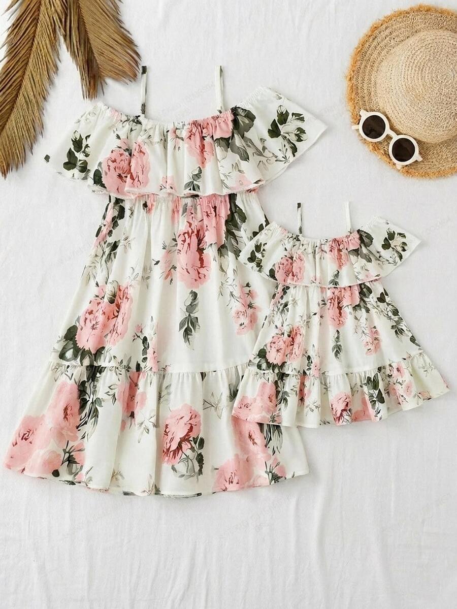 SHEIN Baby Girl & Mom Matching Floral Print Vacation Dress - Baby Pink - View 1