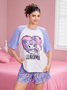 HELLO KITTY AND FRIENDS | SHEIN Set Piyama Kaos Lengan Raglan dan Celana Pendek Motif Huruf untuk Wanita - Purple - View 4