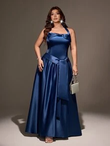 Maweii Plus Size Halter Bow Elegant Sophisticated Evening Party Dress Fall - Blue - View 5
