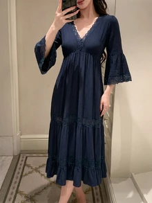 Dazy Tall Women's V-Neck Waist-Cinching Long Casual Dress Vacation - Navy Blue - View 4