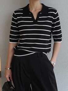 DAZY Women's Collared Striped Pullover Short Sleeve Sweater - Black and White - View 5
