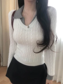 DAZY Suéter de mujer con cuello de solapa de color contrastante, manga larga, estilo coreano para otoño/invierno - Gris - Ver 7