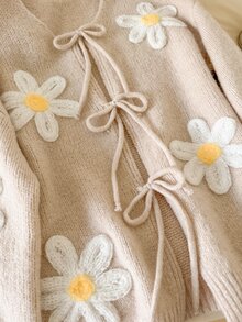 CosyJoli Women's Sweet 3D Embroidered Decor Tie-Front Knit Cardigan - Multicolor - View 3