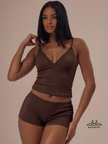 MUSERA Pointelle Triangle Adjustable Strap Cami Top With Picot Trim Fitted Boy Shorts Two Pieces Set Lingerie Evening Everyday Summer - Brown - View 1